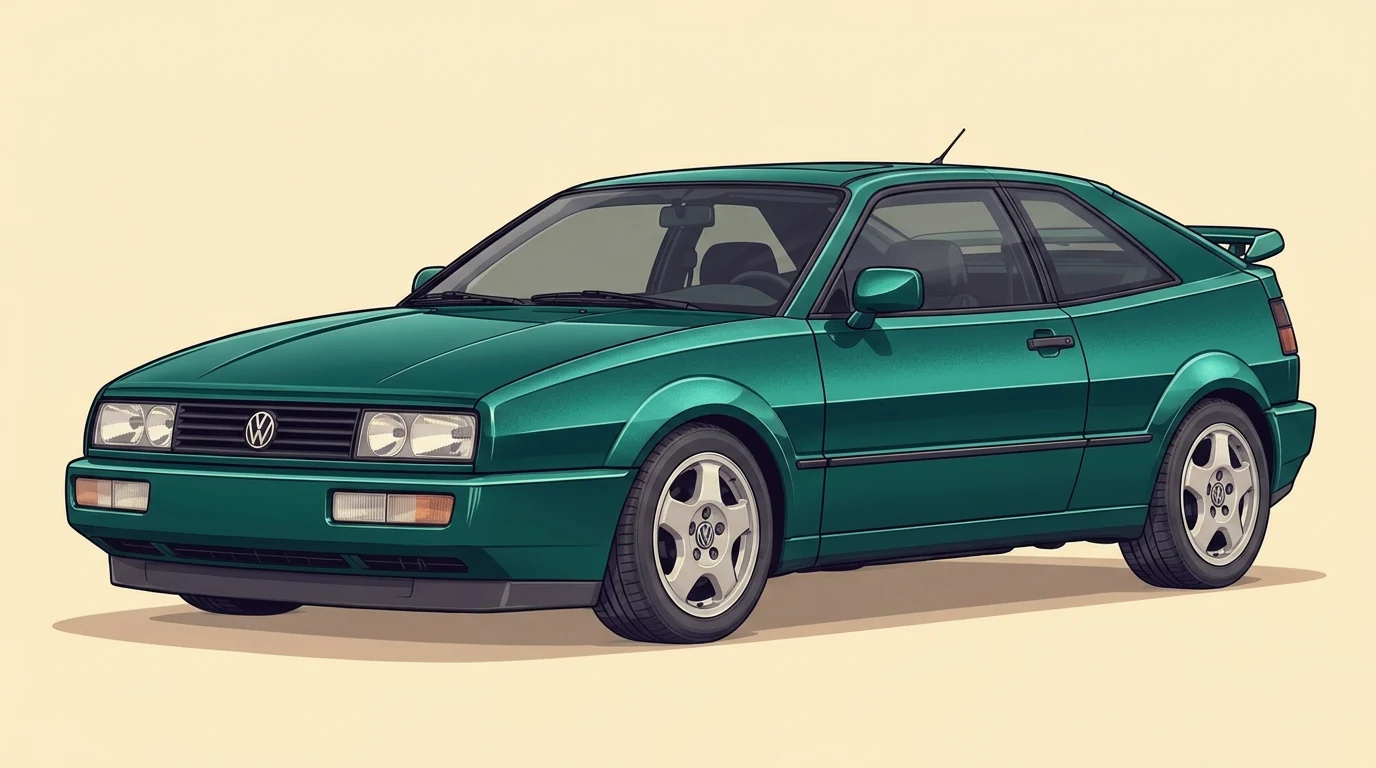 Grön Volkswagen Corrado G60 i frontvinkel mot ljus bakgrund