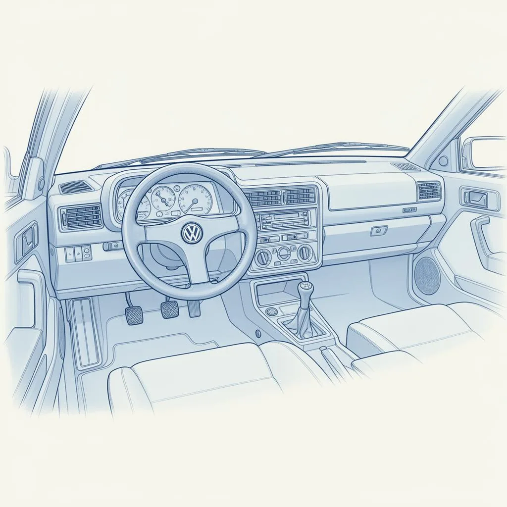 Editorial blueprint illustration of a Corrado driver-focused cabin