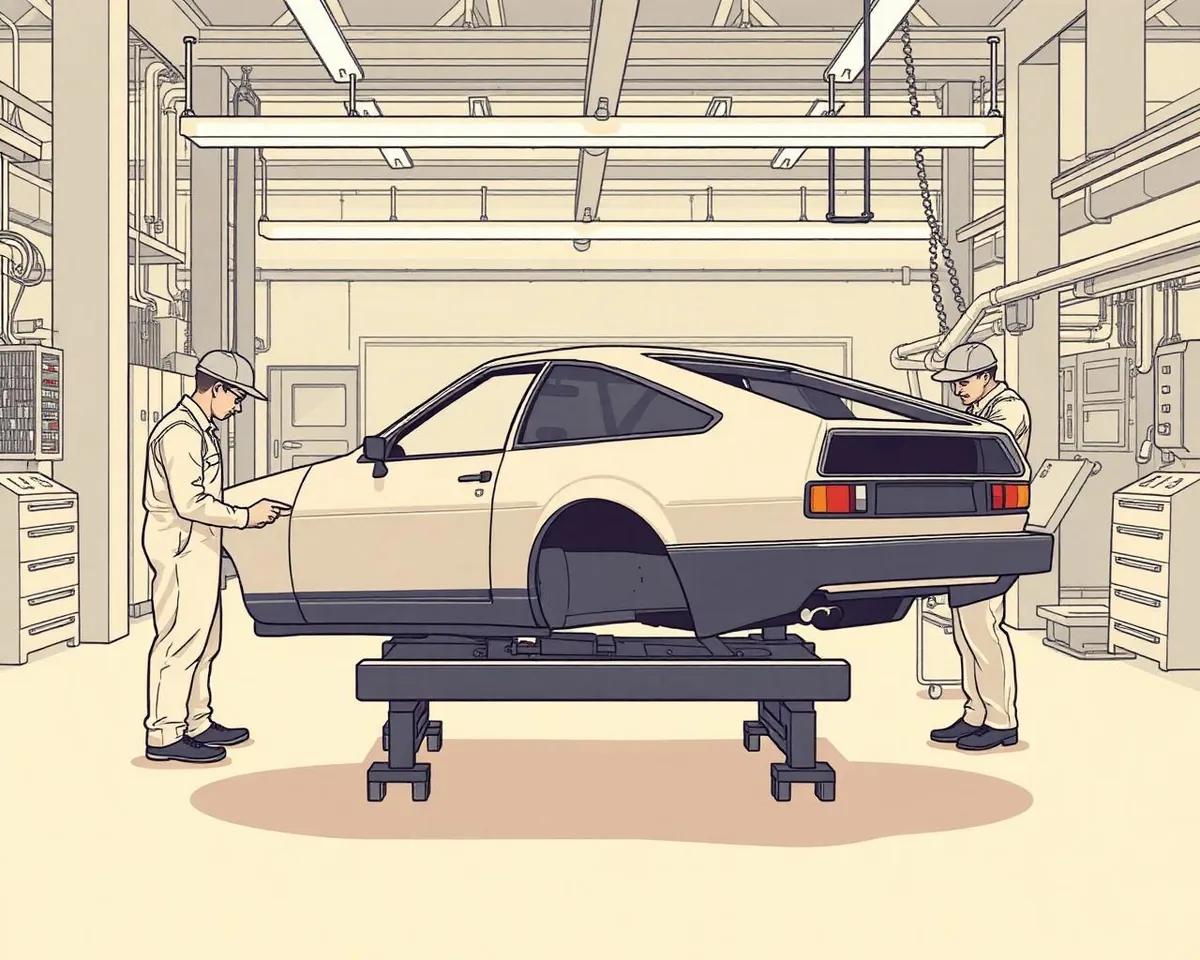 Editorial illustration av Corrado-kaross under inspektion i en Karmann-liknande fabriksmiljö