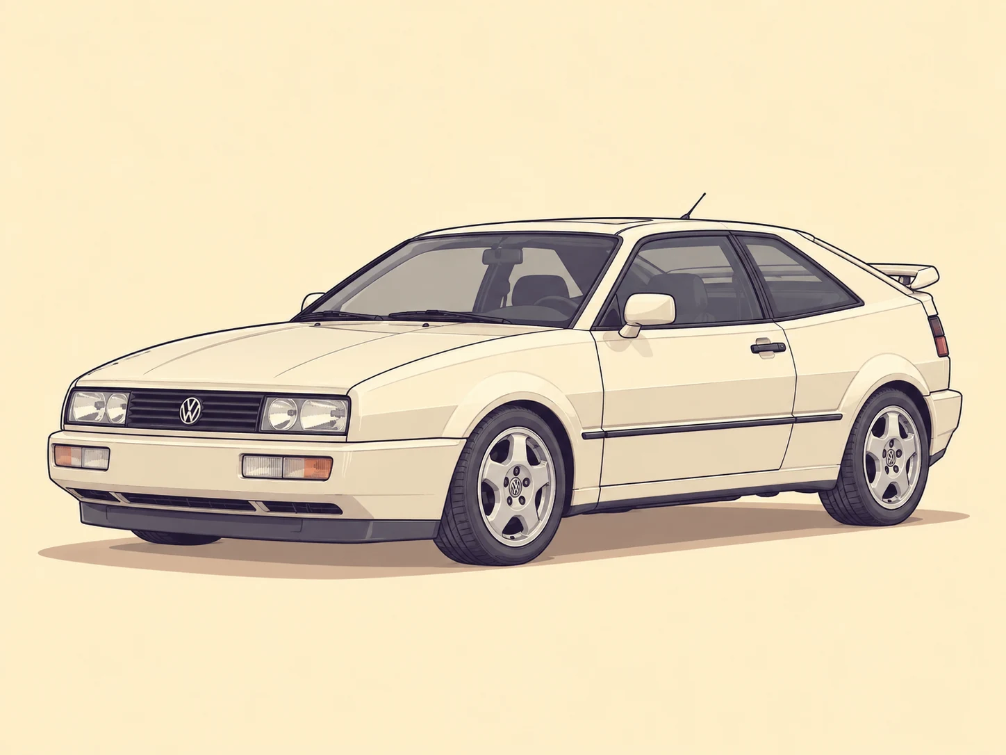 Illustration av Volkswagen Corrado i trekvartsvinkel med synlig bakspoiler